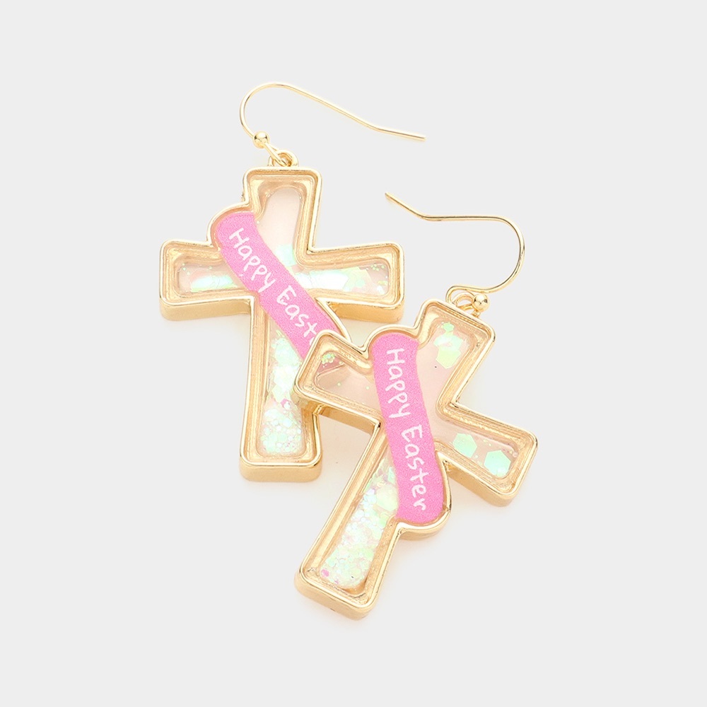 Happy Easter Message Confetti Cross Dangle Earrings